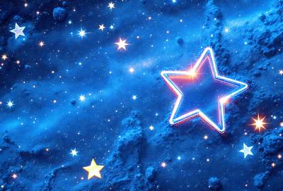 The primary subject of the image is a brightly lit star, which is the main focus of the scene. The setting is a blue, star-filled sky, creating a serene and peaceful atmosphere. The visual style of the image is a combination of photo and digital art, as it captures the beauty of the star and its surroundings. The colors in the image are predominantly blue, with the star being the brightest and most prominent feature.