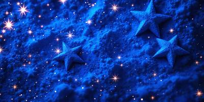 The primary subject of the image is a blue background with a pattern of stars. The setting appears to be a night sky, with the stars being the main focus of the scene. The visual style of the image is a combination of a photo and digital art, creating a unique and captivating atmosphere. The dominant colors in the image are blue and white, with the stars adding a touch of sparkle and brightness to the overall mood.