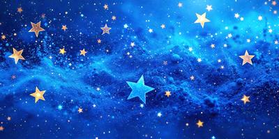 The primary subject of the image is a blue starry sky with a few stars scattered throughout. The setting is a nighttime scene with a dark blue background. The visual style is a digital art or illustration, creating a sense of depth and dimension. The colors and mood are predominantly dark and moody, with the blue hue of the sky and the stars creating a sense of tranquility and wonder.
