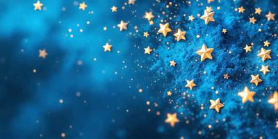 The primary subject of the image is a blue background with a pattern of stars. The setting is a night sky, and the visual style is a digital art or illustration. The dominant colors are blue and gold, creating a serene and peaceful atmosphere.