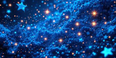 The primary subject of the image is a blue background with a pattern of stars. The setting appears to be a night sky, and the visual style is a combination of a photo and digital art. The dominant colors are blue and orange, creating a vibrant and lively atmosphere.