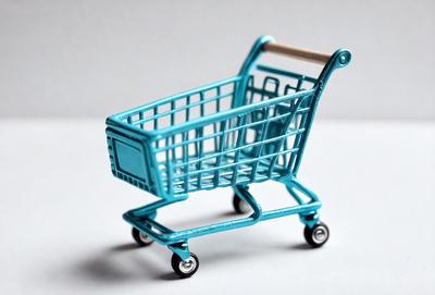 The primary subject of the image is a blue plastic shopping cart. The cart is placed on a white surface, which serves as the background. The visual style of the image is a photo, capturing the cart in its entirety. The dominant colors in the image are blue and white, creating a clean and modern atmosphere.