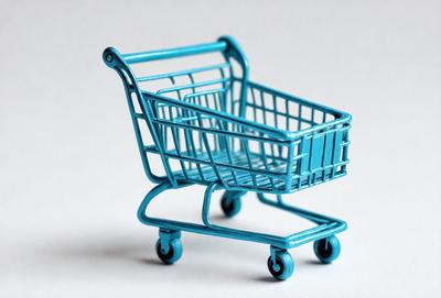 The primary subject of the image is a blue plastic shopping cart. The cart is placed on a white surface, which serves as the background. The visual style of the image is a photo, capturing the cart in its entirety. The dominant colors in the image are blue and white, creating a clean and modern atmosphere.