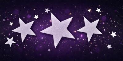 The image features a purple background with five shiny, metallic stars scattered across the scene. The stars are positioned at various angles and distances, creating a visually appealing and unique pattern. The combination of the purple background and the shiny stars gives the image a sense of depth and aesthetic beauty.