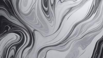 The primary subject of the image is a large, abstract painting featuring a mix of grays, blacks, and whites. The painting is displayed on a wall, which serves as the setting or background. The visual style of the painting is a combination of digital art and illustration, creating a unique and intricate design. The dominant colors in the painting are grays, blacks, and whites, which contribute to a calm and serene atmosphere.