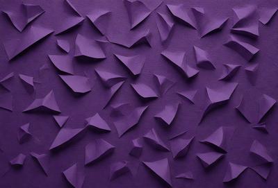 The primary subject of the image is a purple wall with a pattern of folded paper or origami. The setting is a room with a purple background, and the visual style appears to be a combination of a photo and digital art. The colors and mood of the image are predominantly purple, creating a calm and serene atmosphere.