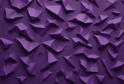 The primary subject of the image is a purple wall with a pattern of purple triangles. The setting is a room with a purple background, and the visual style is a combination of digital art and illustration. The dominant colors and overall atmosphere are purple and dark, creating a moody and intriguing ambiance.