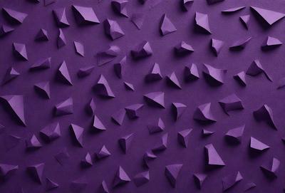 The primary subject of the image is a purple wall with a pattern of triangles. The setting is a room with a purple background, and the visual style is a combination of digital art and illustration. The dominant colors are purple and white, creating a calm and soothing atmosphere.