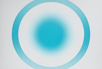 The primary subject of the image is a large, blue circle. The setting is a white background, which provides a clean and minimalist appearance. The visual style is a combination of a photo and a digital art, creating a unique and eye-catching design. The dominant colors are blue and white, giving the image a calm and serene atmosphere.