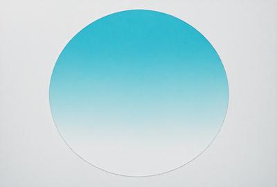 The primary subject of the image is a blue circle, which is the main object, scene, or focus of the image. The setting or background of the image is a white surface, which provides a clean and minimalist backdrop for the blue circle. The visual style of the image is a combination of photo and digital art, as it appears to be a photograph of a digital art piece. The colors and mood of the image are predominantly blue, creating a calm and serene atmosphere.