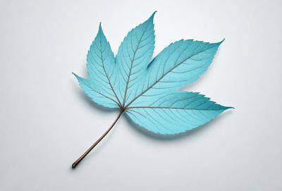 The primary subject of the image is a blue leaf, which is the main object, scene, or focus of the image. The leaf is placed on a white background, giving it a clean and minimalist appearance. The visual style of the image is a photo, capturing the leaf in its natural form. The dominant colors in the image are blue and white, creating a calm and serene atmosphere.