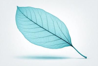 The primary subject of the image is a large, blue leaf. The leaf is prominently displayed against a white background, giving it a striking and vibrant appearance. The visual style of the image is a close-up of the leaf, emphasizing its details and texture. The colors and mood of the image are predominantly blue, creating a calm and serene atmosphere.