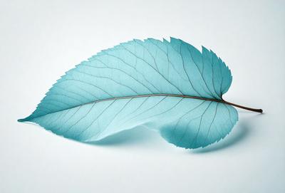 The primary subject of the image is a leaf, which is the main object, scene, or focus of the image. The leaf is blue and is placed on a white surface, which serves as the setting or background. The visual style of the image is a photo, as it captures the leaf in its natural environment. The dominant colors in the image are blue and white, creating a calm and serene atmosphere.