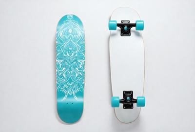 The primary subject of the image is a blue and white skateboard with a design on it. The skateboard is placed on a white surface, which serves as the background. The visual style of the image is a combination of photo and digital art, as it features a detailed design on the skateboard. The dominant colors in the image are blue and white, creating a clean and modern atmosphere.