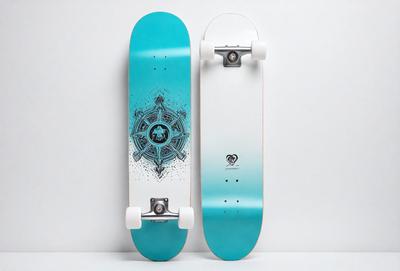 The primary subject of the image is a blue and white skateboard. The skateboard is standing upright on a white surface, which serves as the background. The visual style of the image is a photo, capturing the skateboard in its entirety. The dominant colors in the image are blue and white, creating a clean and modern appearance.