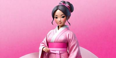 The primary subject of the image is a doll, which is wearing a pink dress. The setting is a pink background, and the visual style appears to be a digital art or illustration. The colors and mood of the image are predominantly pink, creating a warm and inviting atmosphere.