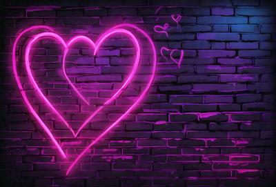 The primary subject of the image is a pink heart-shaped neon sign. The setting is a brick wall, and the visual style is a digital art or illustration. The dominant colors are pink and purple, creating a warm and romantic atmosphere.