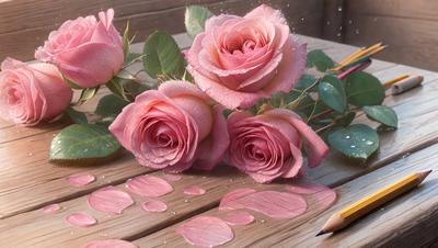 The primary subject of the image is a bouquet of pink roses. The setting is a wooden table, and the visual style is a combination of photo and digital art. The roses are the main focus of the image, and their pink color and delicate petals create a romantic and serene atmosphere.