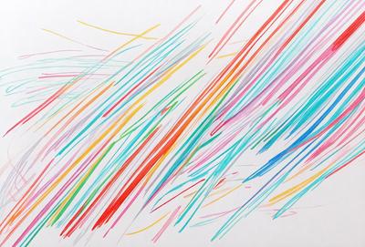 The primary subject of the image is a colorful, abstract artwork created using a combination of different colored lines. The setting is a white background, which provides a clean and uncluttered environment for the artwork. The visual style is a mix of digital art and illustration, as the lines are drawn with precision and the colors are vibrant and eye-catching. The dominant colors in the artwork are red, yellow, blue, and green, creating a lively and energetic atmosphere.