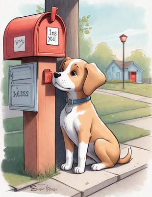 The primary subject of the image is a brown and white dog sitting in front of a mailbox. The setting is a residential area with a house in the background. The visual style is an illustration or a drawing, giving the image a whimsical and playful atmosphere. The colors are predominantly earthy tones, such as brown, beige, and green, which create a warm and inviting mood.