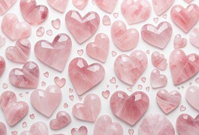 The primary subject of the image is a collection of pink hearts arranged on a white background. The hearts are made of marble and are scattered throughout the scene. The visual style of the image is a close-up of the hearts, showcasing their intricate details. The colors and mood of the image are predominantly pink, creating a warm and inviting atmosphere.