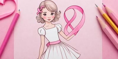 The primary subject of the image is a young girl dressed in a white dress, holding a pink ribbon. The setting is a pink background, which adds a warm and cheerful atmosphere to the scene. The visual style is a combination of digital art and illustration, creating a whimsical and charming appearance. The colors and mood convey a sense of innocence and playfulness, as the girl poses with her ribbon.