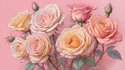 The primary subject of the image is a bouquet of pink and orange roses. The roses are arranged in a vase, creating a beautiful and colorful display. The setting is a pink background, which adds to the overall atmosphere of the image. The visual style is a painting, which showcases the artist's skill in capturing the beauty of the roses. The colors and mood of the image are predominantly pink and orange, evoking a sense of warmth and love.