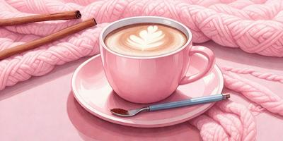 The primary subject of the image is a cup of coffee, which is placed on a pink plate. The setting is a table, and the visual style is a painting. The colors and mood of the image are predominantly pink, creating a warm and inviting atmosphere.