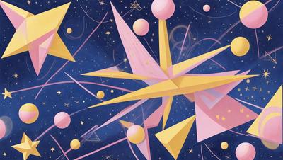 The primary subject of the image is a yellow and pink geometric shape, which appears to be a kite or a decorative object. The setting is a night sky filled with stars, creating a celestial and serene atmosphere. The visual style is a combination of digital art and illustration, giving the image a vibrant and artistic appearance. The dominant colors are yellow and pink, which evoke a sense of warmth and happiness.