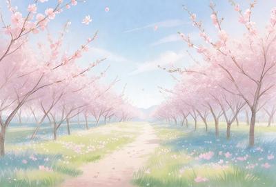 The primary subject of the image is a path surrounded by trees with pink flowers. The setting is a lush green field with a blue sky in the background. The visual style is an illustration or drawing, creating a serene and peaceful atmosphere. The dominant colors are pink and green, with the pink flowers adding a touch of warmth and beauty to the scene.