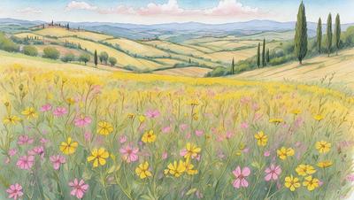 The primary subject of the image is a field of flowers, with a variety of yellow and pink flowers spread across the landscape. The setting is a lush, green field with a mountainous background, creating a serene and picturesque scene. The visual style is a combination of digital art and illustration, with the flowers and grass depicted in a detailed and vibrant manner. The colors and mood of the image are predominantly warm and inviting, with the yellow and pink flowers adding a touch of brightness and