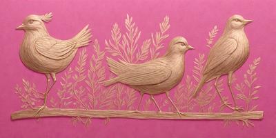 The primary subject of the image is a bird, which is depicted in a woodcut style. The bird is standing on a branch, surrounded by a pink background. The setting appears to be a natural environment, with the bird being the main focus of the scene. The visual style of the image is a combination of digital art and illustration, giving it a unique and artistic appearance. The colors in the image are predominantly pink, creating a warm and inviting atmosphere.