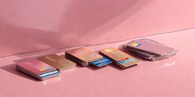 The primary subject of the image is a row of credit cards, which are displayed on a pink surface. The cards are arranged in a neat and orderly manner, with each card being slightly different in design and color. The setting appears to be a table or countertop, and the visual style is a close-up of the cards, showcasing their details. The colors and mood of the image are predominantly pink, giving it a warm and inviting atmosphere.