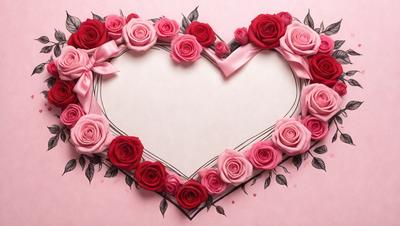 The primary subject of the image is a heart-shaped arrangement of pink and red roses. The heart is made of paper and features a pink background. The roses are scattered throughout the heart, creating a visually appealing and romantic display. The overall atmosphere of the image is warm, inviting, and romantic.