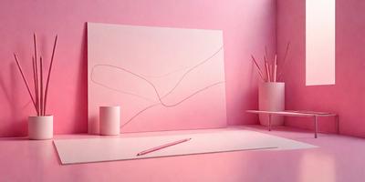 The primary subject of the image is a pink wall with a painting on it. The painting is a large, abstract piece that resembles a bird. The setting is a room with a desk and a table, where a pencil is placed on the table. The visual style of the image is a combination of art and digital art, creating a unique and eye-catching piece. The colors and mood of the image are predominantly pink, giving it a warm and inviting atmosphere.