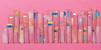 The primary subject of the image is a collection of various credit cards. These cards are displayed in a visually appealing manner, with some cards overlapping each other. The setting is a pink background, which adds a touch of color to the scene. The visual style of the image is a combination of digital art and illustration, creating a unique and eye-catching display. The colors and mood of the image are predominantly pink, which gives the scene a warm and inviting atmosphere.