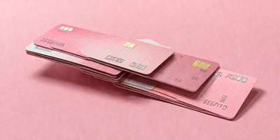 The primary subject of the image is a pink credit card. The card is placed on a pink surface, which creates a visually appealing contrast. The setting appears to be a table or a countertop, and the visual style is a close-up of the credit card. The colors and mood of the image are predominantly pink, giving it a warm and inviting atmosphere.