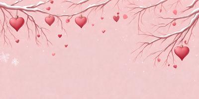 The primary subject of the image is a heart-shaped ornament hanging from a tree branch. The setting is a pink background, which adds a warm and romantic atmosphere to the scene. The visual style is a combination of digital art and illustration, creating a whimsical and charming appearance. The colors are predominantly pink, which further emphasizes the romantic theme of the image.