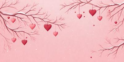 The primary subject of the image is a series of hearts hanging from a tree. The hearts are red and are suspended from the branches of the tree. The setting is a pink background, which adds a warm and romantic atmosphere to the scene. The visual style is a combination of digital art and illustration, creating a whimsical and charming image.