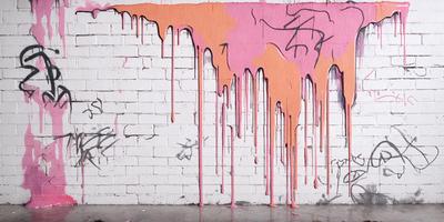 The primary subject of the image is a wall with a pink and orange paint dripping down it. The setting is an outdoor brick wall, and the visual style appears to be a photo. The colors and mood of the image are vibrant and energetic, with the pink and orange hues creating a lively atmosphere.