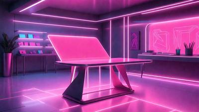 The primary subject of the image is a pink desk with a laptop on it. The desk is situated in a room with a pink and purple color scheme. The visual style of the image is digital art, as it appears to be a computer-generated or digitally edited scene. The colors and mood of the image are predominantly pink and purple, creating a warm and inviting atmosphere.