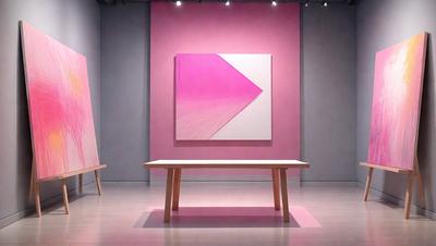 The primary subject of the image is a white and pink painting displayed on a white table. The painting is placed in a room with a pink wall, which creates a warm and inviting atmosphere. The setting appears to be a gallery or a room with a focus on art, as the painting is the main object of the scene. The visual style of the image is a painting, which adds a sense of artistic expression and creativity to the scene.