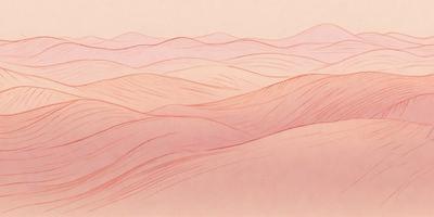 The primary subject of the image is a mountainous landscape, featuring a series of hills and valleys. The setting is a pinkish-red hue, which gives the scene a warm and inviting atmosphere. The visual style is a combination of digital art and illustration, creating a unique and artistic representation of the landscape. The colors and mood of the image evoke a sense of tranquility and beauty, as the viewer is drawn into the serene and picturesque environment.