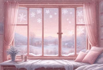 The primary subject of the image is a window with a snowy mountain view outside. The setting is a cozy room with a bed and a cup of coffee placed nearby. The visual style is a combination of digital art and illustration, creating a warm and inviting atmosphere. The colors and mood are predominantly pink and white, with the snowy mountain view adding a touch of coldness to the scene.