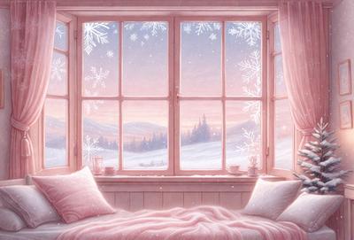 The primary subject of the image is a bed with a pink blanket and two pillows. The setting is a cozy bedroom with a window that overlooks a snowy landscape. The visual style is a combination of digital art and illustration, creating a warm and inviting atmosphere. The colors and mood are predominantly pink, which adds a sense of comfort and relaxation to the scene.