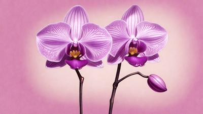 The primary subject of the image is a group of three purple orchids. They are arranged in a vase, with one of the orchids being larger than the other two. The setting is a pink background, which adds a warm and inviting atmosphere to the scene. The visual style of the image is a digital art, which gives it a clean and polished appearance. The colors and mood of the image are predominantly pink, creating a sense of warmth and elegance.