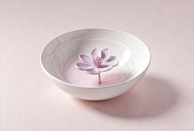 The primary subject of the image is a white bowl filled with water. The bowl is placed on a pink surface, which adds a touch of color to the scene. The water in the bowl is home to a single purple flower, which is the focal point of the image. The visual style of the image is a close-up of the flower in the bowl, creating a sense of depth and detail. The colors and mood of the image are predominantly pink and calming, with the purple