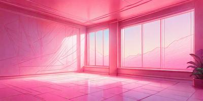 The primary subject of the image is a room with a pink color scheme. The room features a large window with a view of the mountains, and the sun is shining through the window, creating a warm and inviting atmosphere. The setting is a room with a pink color scheme, and the visual style is a digital art or illustration. The colors and mood of the image are predominantly pink, creating a cozy and comfortable environment.