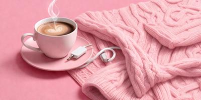 The primary subject of the image is a cup of coffee, which is placed on a pink plate. The setting is a pink background, and the visual style is a photo. The colors and mood of the image are predominantly pink, creating a warm and inviting atmosphere.