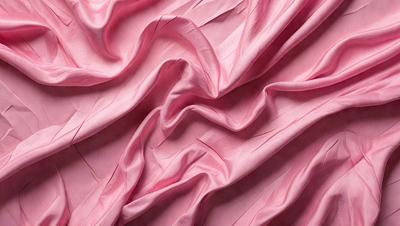 The primary subject of the image is a pink sheet with a wrinkled texture. The setting is a bed, and the visual style is a close-up of the sheet. The colors and mood of the image are predominantly pink, creating a warm and cozy atmosphere.